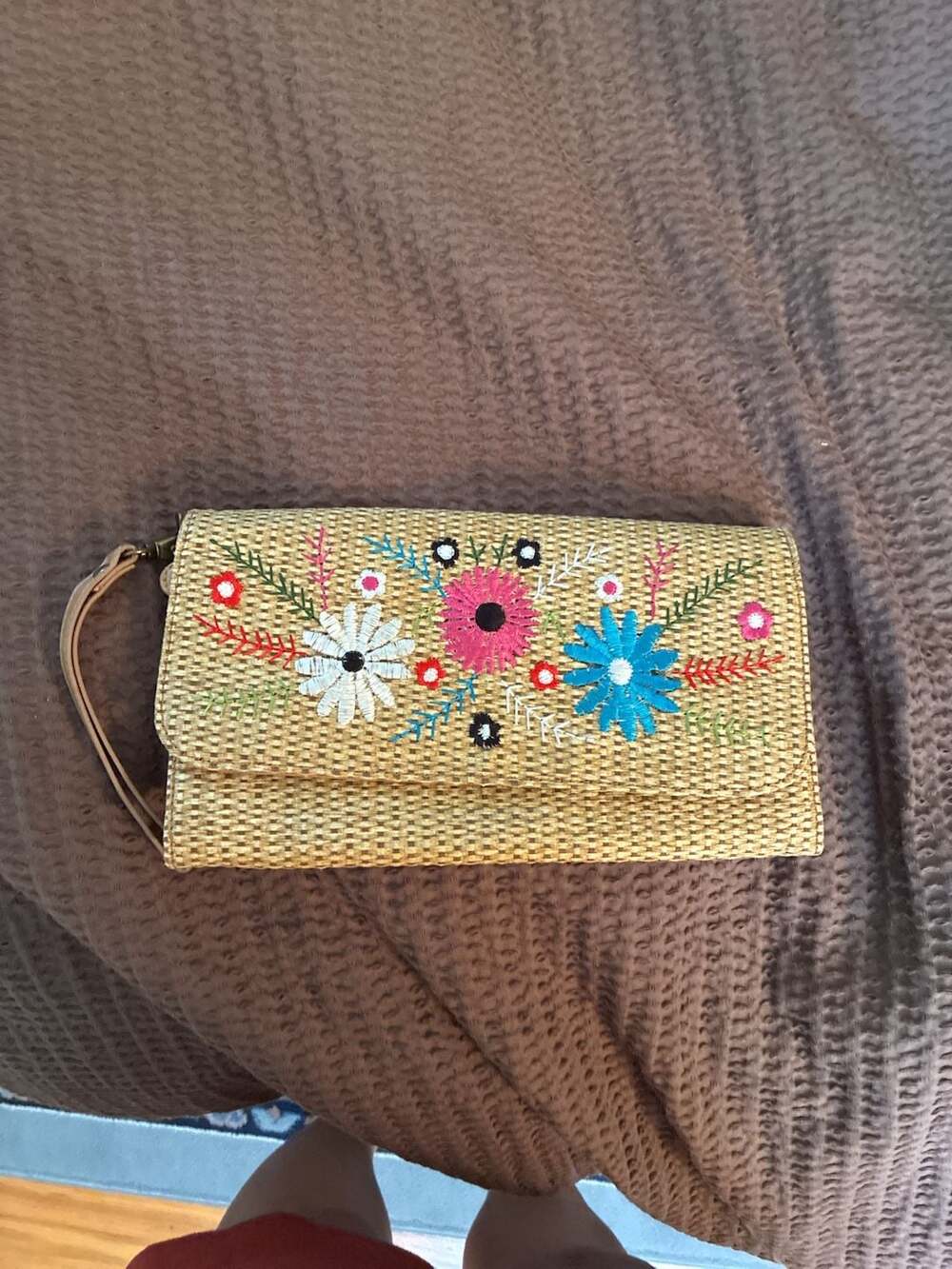 ALDO Woven Straw Clutch with Embroidered Floral Detail and Removable Wristlet